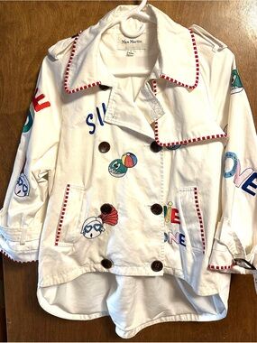 White Embroidered Trench Coat with Playful Patchwork